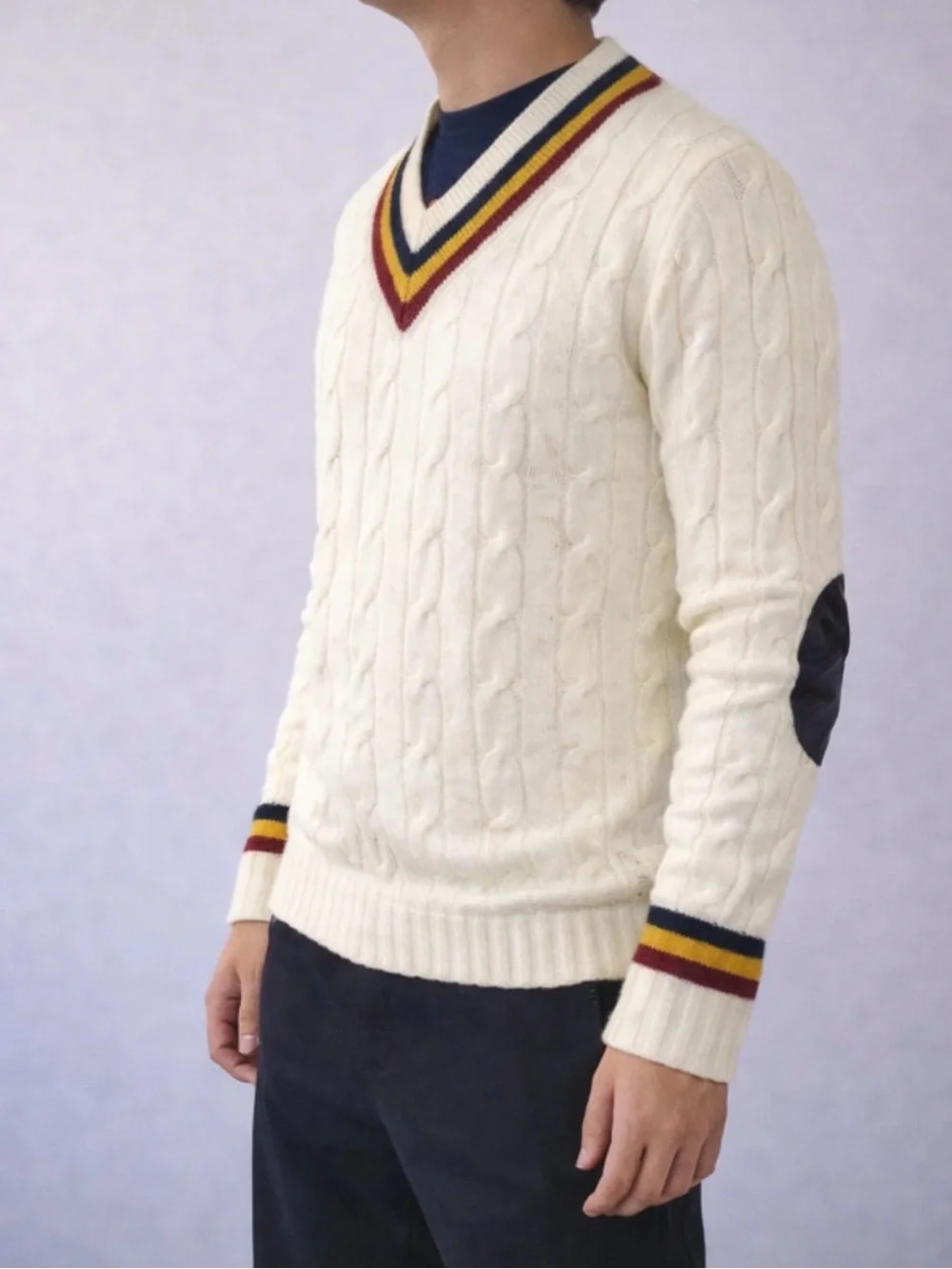 TH- like new Cream Cable-Knit V-Neck Sweater with Stripe Trim